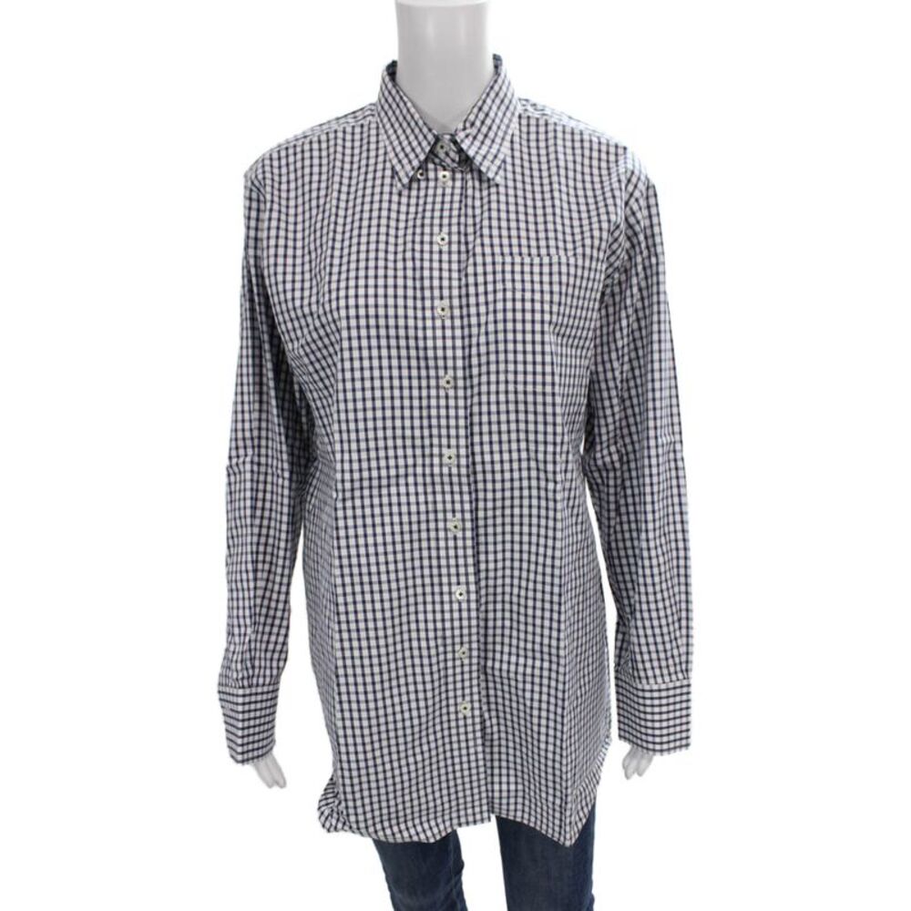 Claridge + King Women Collared Check Button-Up Blue Cotton Long Sleeve Size M